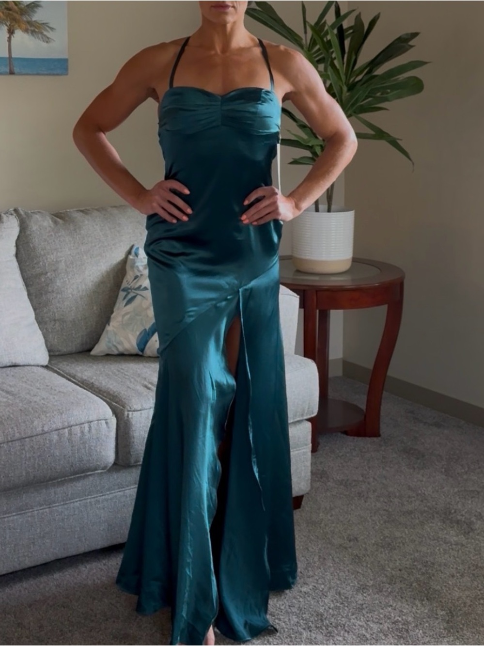 Teal Satin Maxi Slip Dress with Front Slit